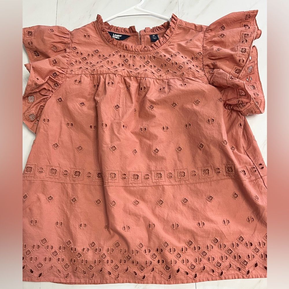 Lands End Eyelet Ruffle Sleeve Popover Top peachy pink size M